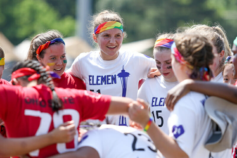 Washington Element and Ohio State Fever at the 2016 D-I College Championships in Raleigh, NC. Many teams wore pride emblems in protest of North Carolina's HB2, an anti-trans law that has since been repealed. Photo: Paul Rutherford -- UltiPhotos.com