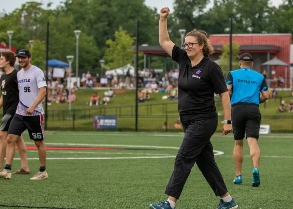 Head coach Miranda Roth Knowles has the Atlanta Hustle atop the Atlantic Division standings after an upset win over the DC Breeze. Photo: Rob Gilmor -- The AUDL.