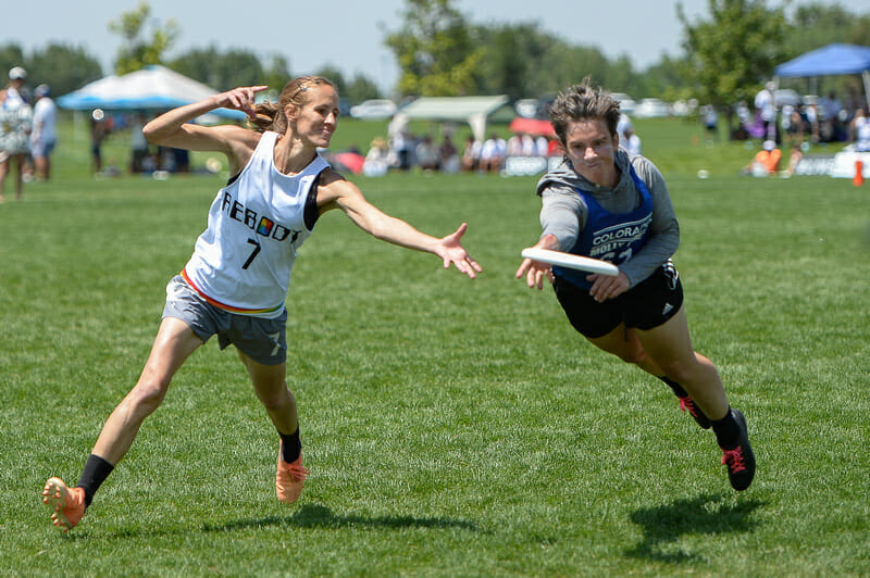 Boston Reboot Squad's Kami Groom and Denver Molly Grey's Claire Chastain in the 2021 Masters Championships Women's masters championship game. Photo: Kevin Leclaire -- UltiPhotos.com