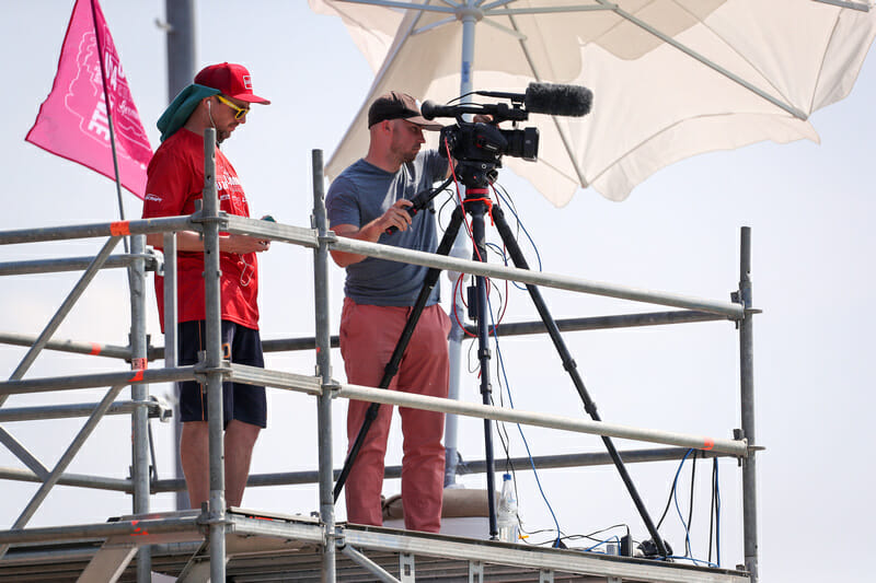 Ultiworld's Charlie Eisenhood behind the camera, filming from the scaffolding.