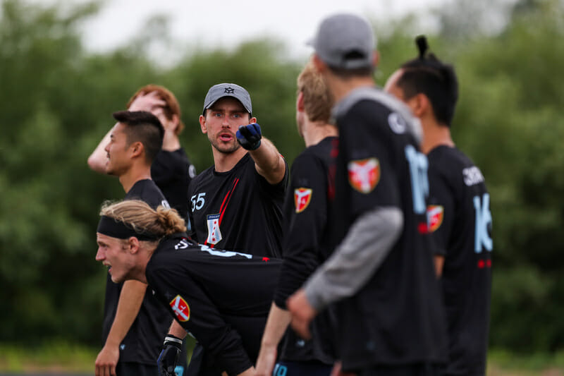 Machine's Pawel Janas gestures to his teammates on the line at the 2021 US Open hosted by USA Ultimate frisbee.