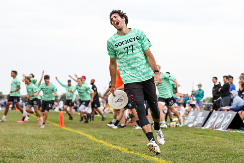 Ben Snell of Sockeye celebrates after catching the 2021 US Open-winning goal. Photo: Paul Rutherford -- UltiPhotos.com