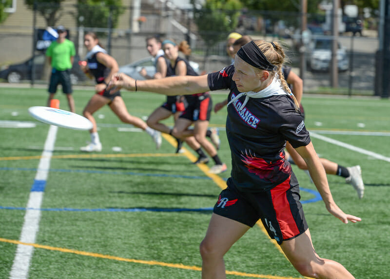 Lyla Stanland pulls for the Radiance during the final of the Premier Ultimate League's 2021 East Championship Series of women's frisbee.