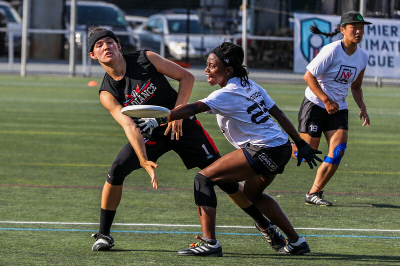 Raleigh Radiance's Lindsay Soo throws a forehand past Gridlock's Lauren Woods at their Premier Ultimate League's 2019 semifinal. 