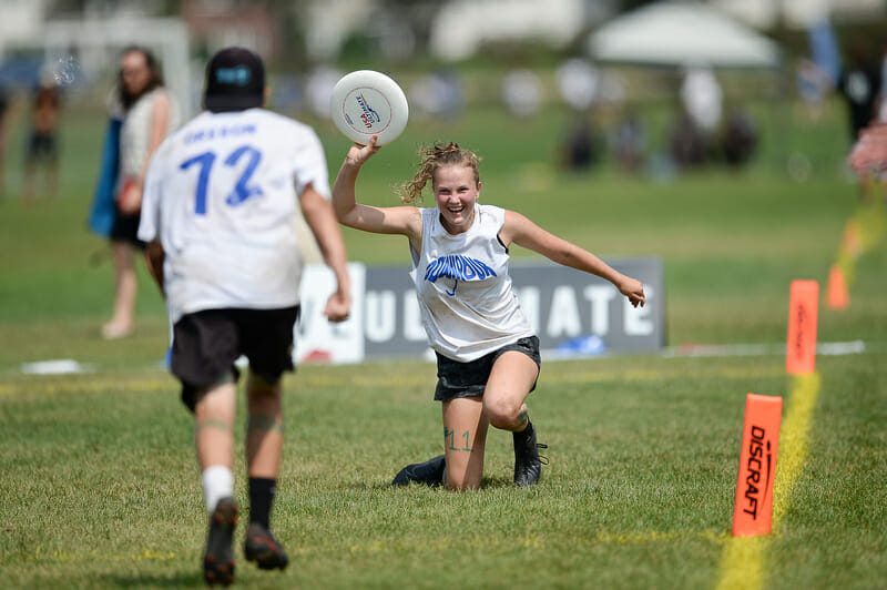 Oregon Downpour's Opal Burress celebrates catching the tournament-winning goal in the U20 Girls division at YCC 2021. Photo: Kevin Leclaire -- UltiPhotos.com