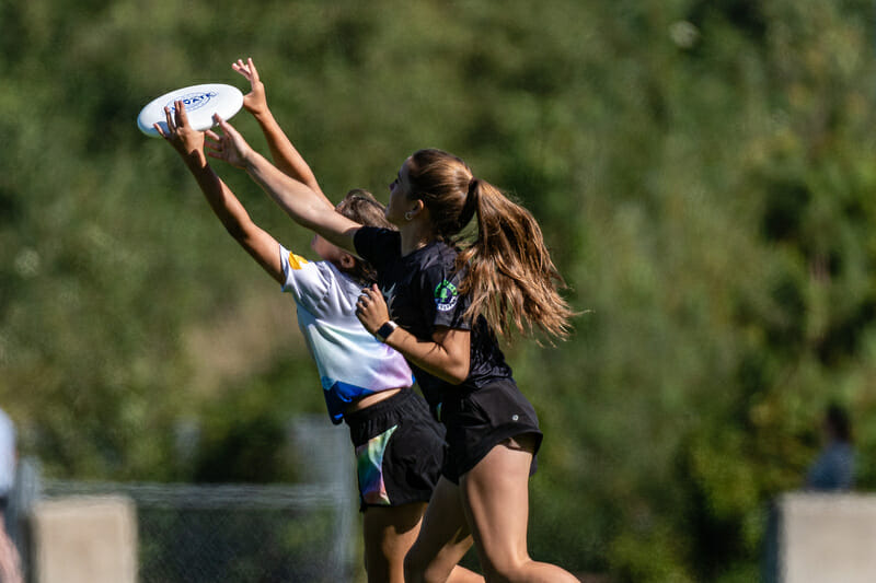 Players attack the disc at the British Columbia Junior Ultimate Championships. Photo: Jeff Bell -- UltiPhotos.com