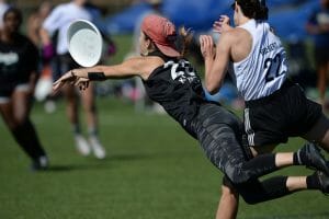 Pittsburgh Parcha's Charlotte Koerner lays out on defense at the Mid-Atlantic Regional Championship. Photo: Marshall Lian -- UltiPhotos.com