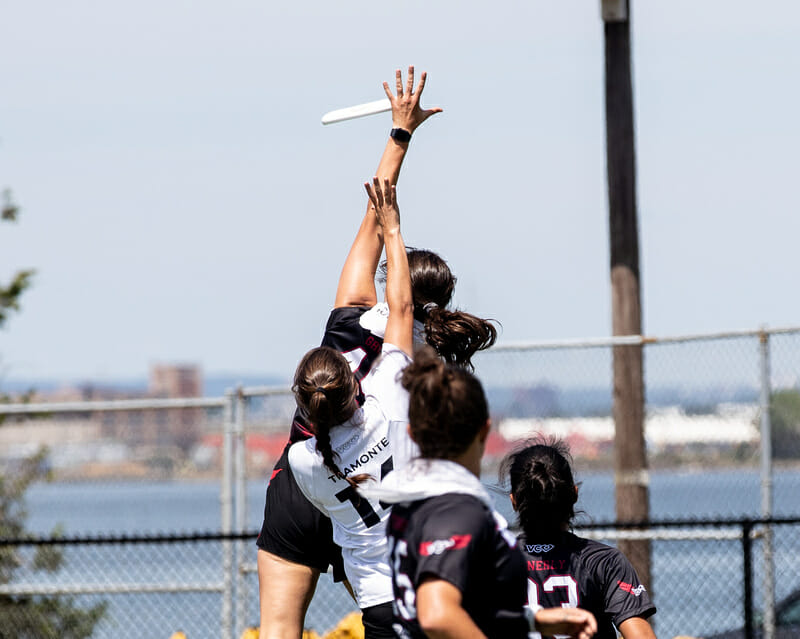 Raleigh Radiance’s Caitlin Gross reaches for the disc at the PUL East Championships. Photo: Sandy Canetti -- UltiPhotos.com