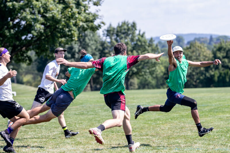 Three Sprout players attack the disc at Philly Open. Photo: Sandy Canetti -- UltiPhotos.com