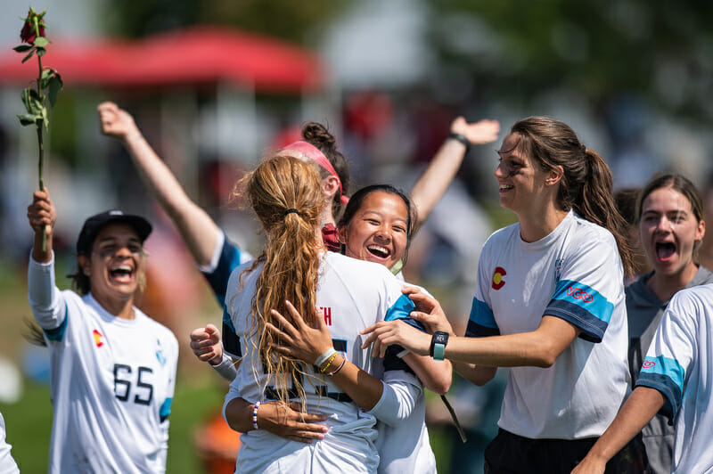 Denver Molly Brown celebrate victory in the final of the 2021 Pro Championships. Photo: Sam Hotaling -- UltiPhotos.com