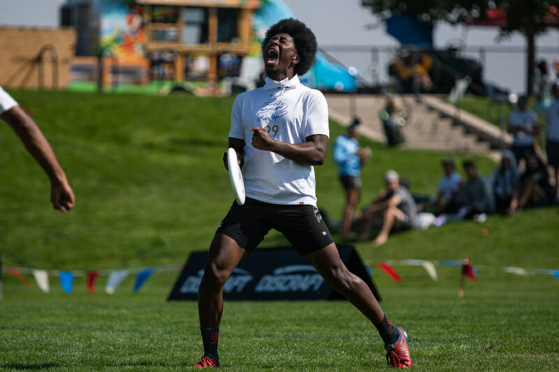 Seattle Mixtape's Khalif El-Salaam celebrates in the final of the 2021 Pro Championships. Photo: Sam Hotaling -- UltiPhotos.com