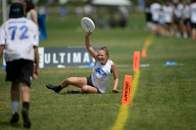 Downpour’s Opal Burruss celebrates the game-winning catch at the Youth Club Championship’s Girl’s Final. Photo: Kevin Leclaire -- UltiPhotos.com