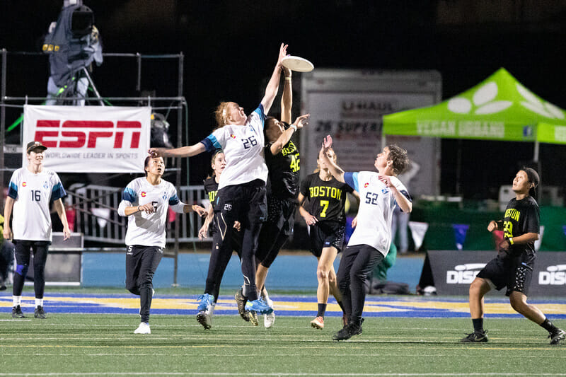 Denver Molly Brown and Boston Brute Squad compete in the air and on the field in the semifinal round of the 2021 USA Ultimate Club Championships.