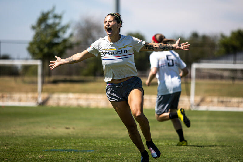 Jubilation for Denver Love Tractor as the qualify for Nationals at 2021 South Central Club Regionals. Photo: Matthew Brooks -- UltiPhotos.com