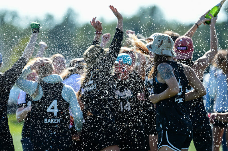 Champagne showers rain over the first-year women’s elite team Pittsburgh Parcha on their way to Nationals. Photo: Kevin Leclaire — UltiPhotos.com