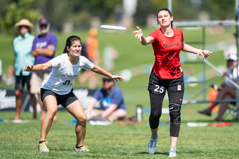 Arizona Lawless's Kay Powell on the mark at the 2021 Pro Championships. Photo: Sam Hotaling -- UltiPhoto.com