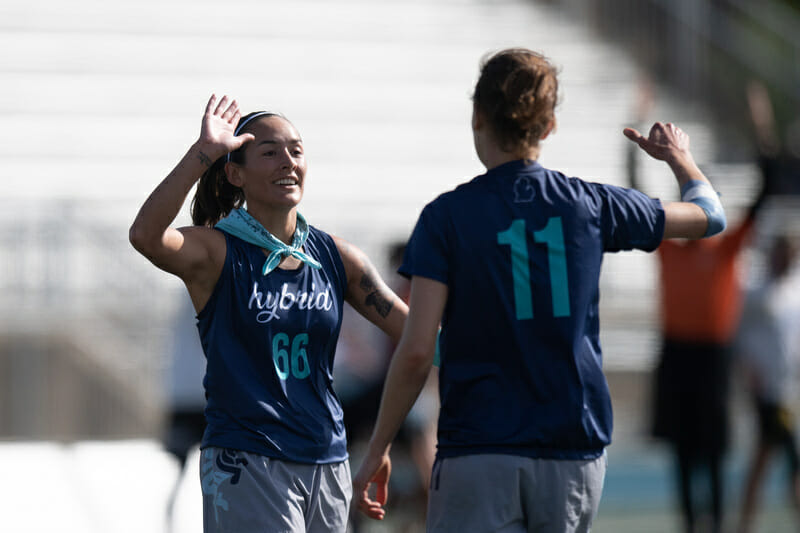 Mya Hernandez and Bridget Connor of Ann Arbor Hybrid in semifinals at the 2021 Club Championships. Photo: Sam Hotaling -- UltiPhotos.com