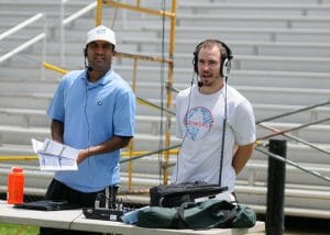 Charlie Eisenhood (right) during an Ultiworld livestream broadcast in 2013. 