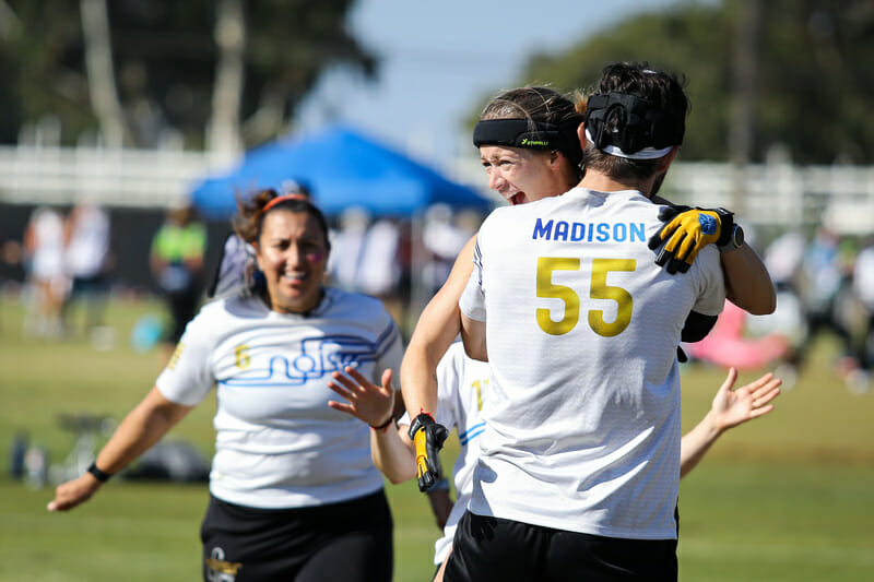 Madison NOISE had plenty of reason to celebrate after their Day One performance at the 2021 Club Championships. Photo: Kristina Geddert -- UltiPhotos.com