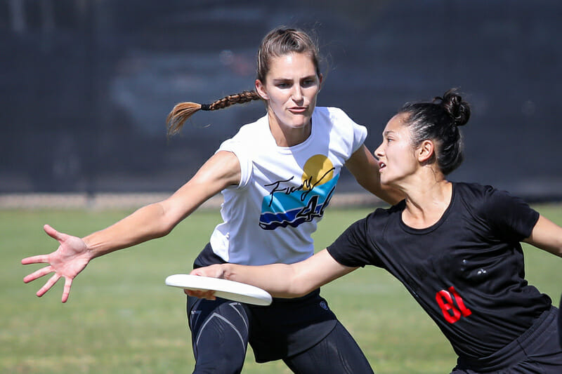 Fury's Dena Elimelech marks Lani Nguyen of Riot in the 2021 Club Championships quarterfinals. Photo: Kristina Geddert -- UltiPhotos.com