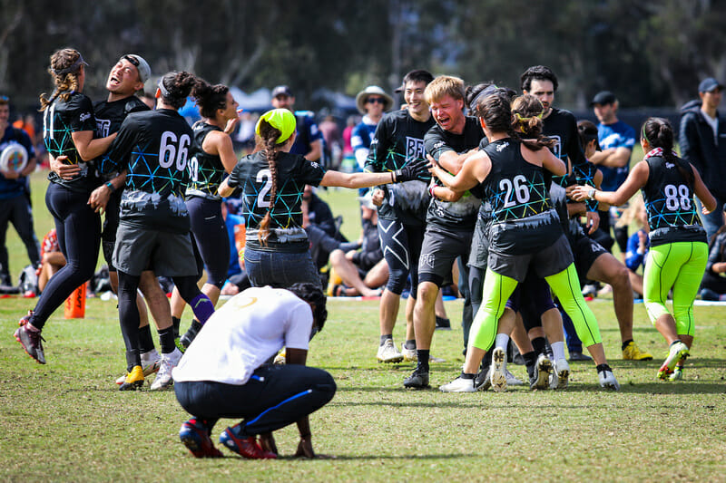 Seattle BFG celebrate their semifinal victory in front of Mixtape's Khalif El Salaam. Photo: Kristina Geddert -- UltiPhotos.com