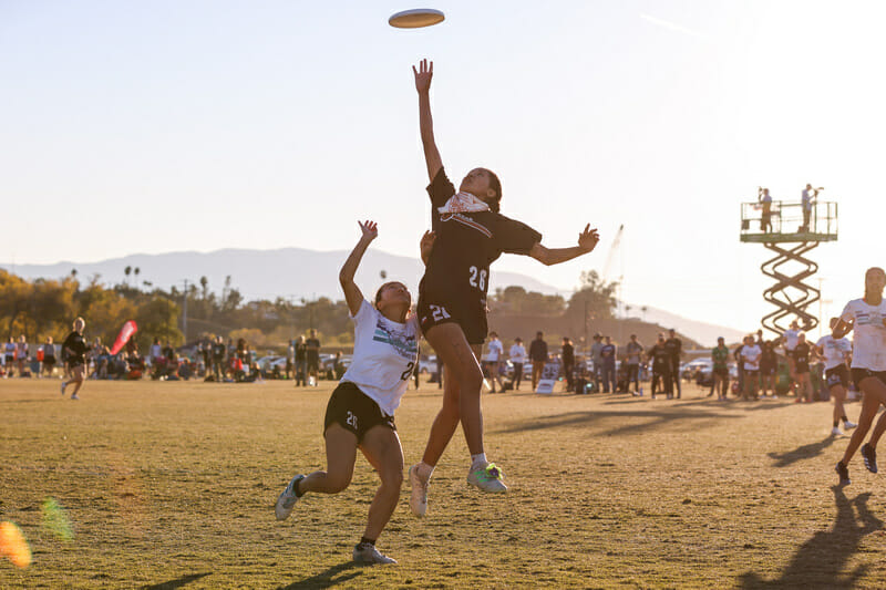 Action at the 2021 College Championships in Norco, CA. Photo: Paul Rutherford -- UltiPhotos.com