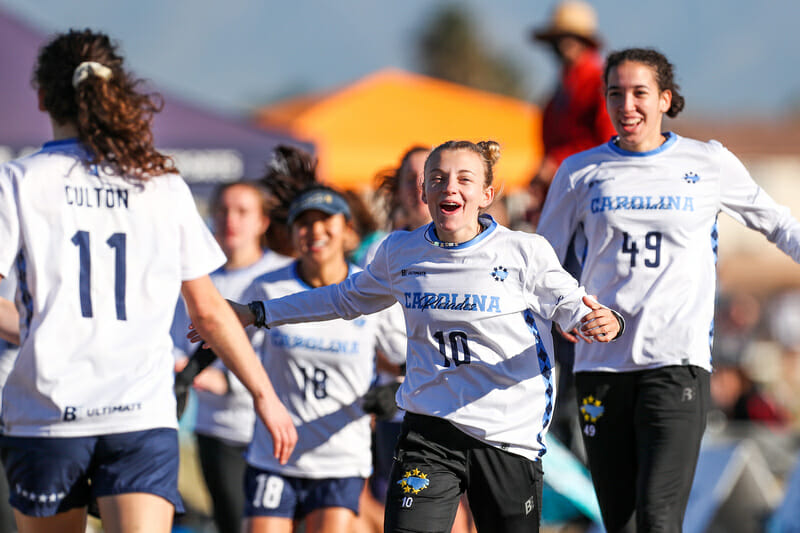 Ella Juengst of North Carolina during the quarterfinals of the 2021 College Championships. Photo: Paul Rutherford -- UltiPhotos.com