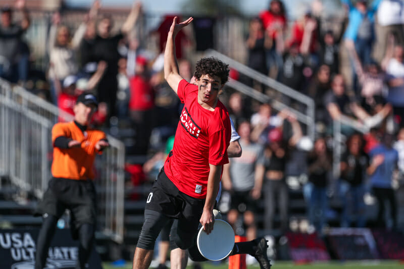 Georgia in their semifinal against Michigan at the 2021 D-I College Championships in Norco, CA. Photo: Paul Rutherford -- UltiPhotos.com