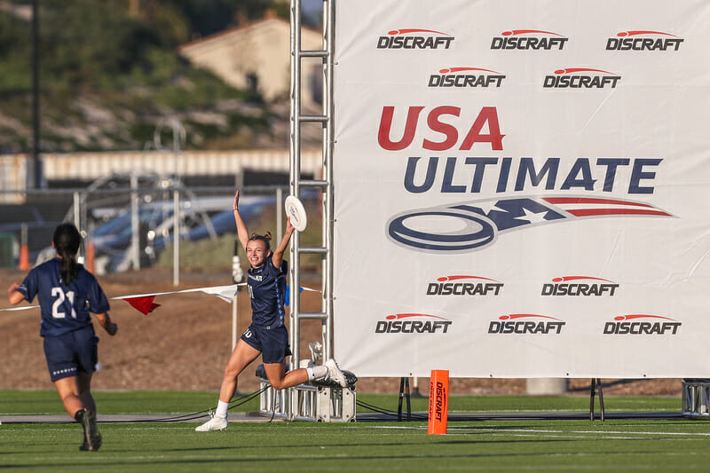 North Carolina's Ella Juengst celebrates during the semifinal of the 2021 College Championships. Photo: Paul Rutherford -- UltiPhotos.com