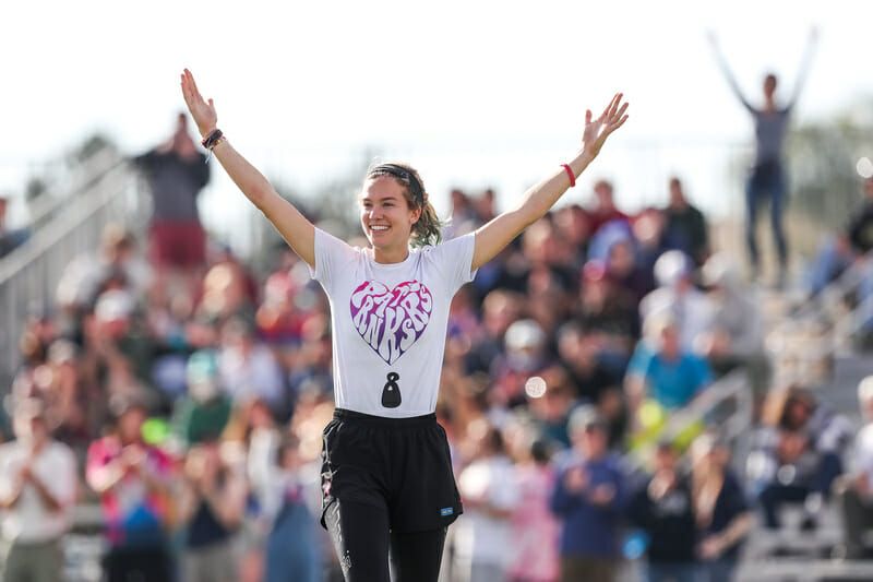 Middlebury's Claire Babbott-Bryan celebrates winning the 2021 D-III College Championship. Photo: Paul Rutherford -- UltiPhotos.com