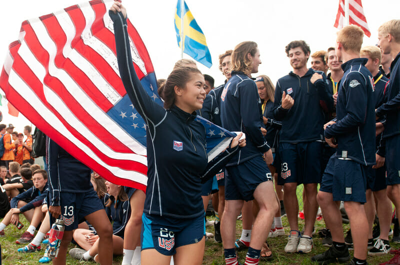 The US U20 National Team at the 2018 World Junior Ultimate Championships.
