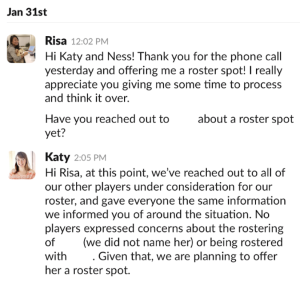 Screenshot of Slack conversation provided to Ultiworld.