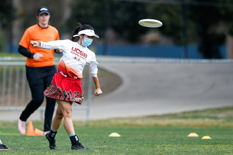 UC Santa Barbara's Vienna Lee puts up a backhand at the 2022 Presidents' Day Invite USA Ultimate frisbee tournament.