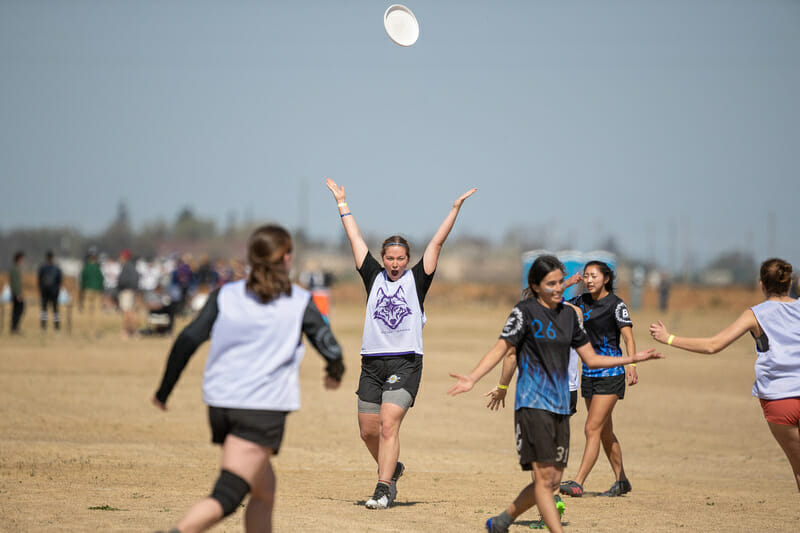 Carleton's Lauren Yamasaki-Liske celebrates the goal in the Stanford Invite 2022 final. Photo: Rodney Chen -- UltiPhotos.com