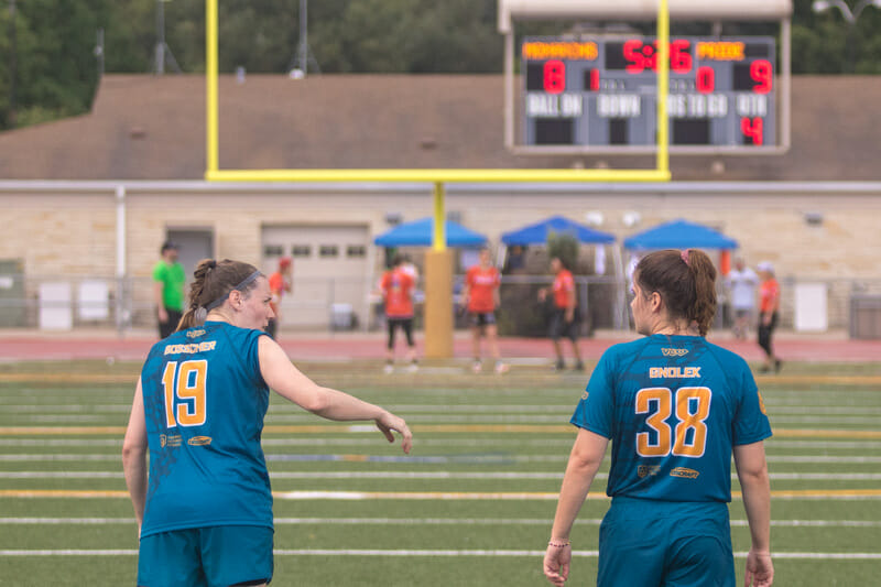 The Milwaukee Monarchs on the line across from the Columbus Pride at the 2021 Midwest Championship Series.