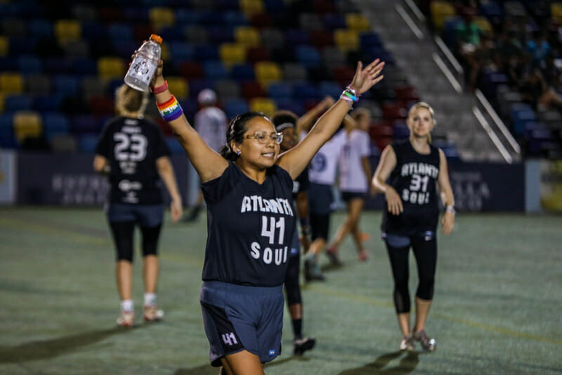 The Atlanta Soul's Leah Tsinajinnie celebrates at the 2019 PUL Championship Weekend.