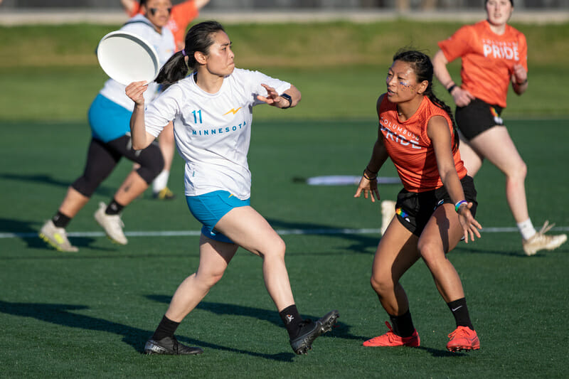 Minnesota Strike's Rachel Johnson steps into a forehand motion against the Columbus Pride in 2022 Premier Ultimate League regular season competition.