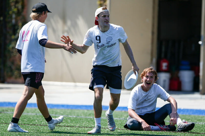 Claremont's Calder Altman celebrating with teammates after scoring a goal at Southwest Showdown 2022. Photo: William 'Brody' Brotman -- UltiPhotos.com