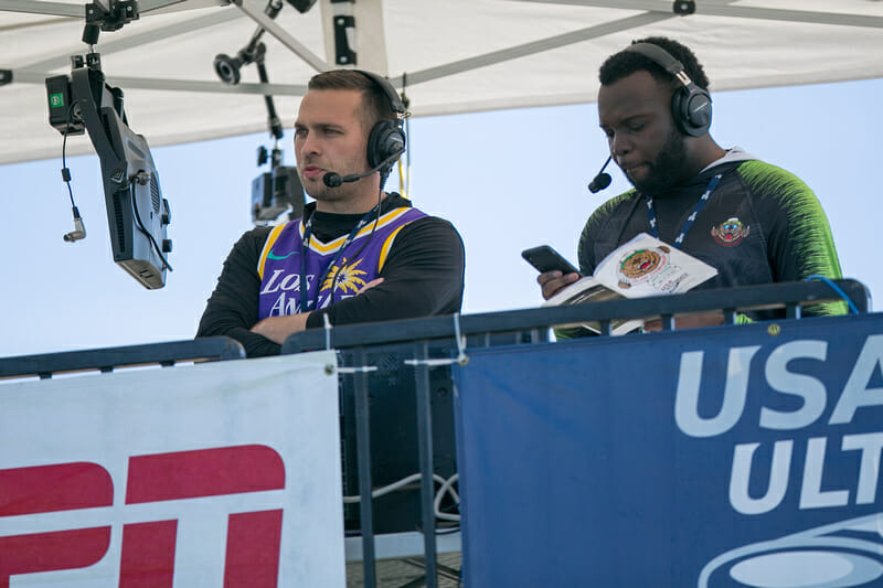 Michael Ball and Adekale Ande commentate the 2021 D-III Men's COllege Championship final for Ultiworld. Photo: William 'Brody' Brotman -- UltiPhotos.com
