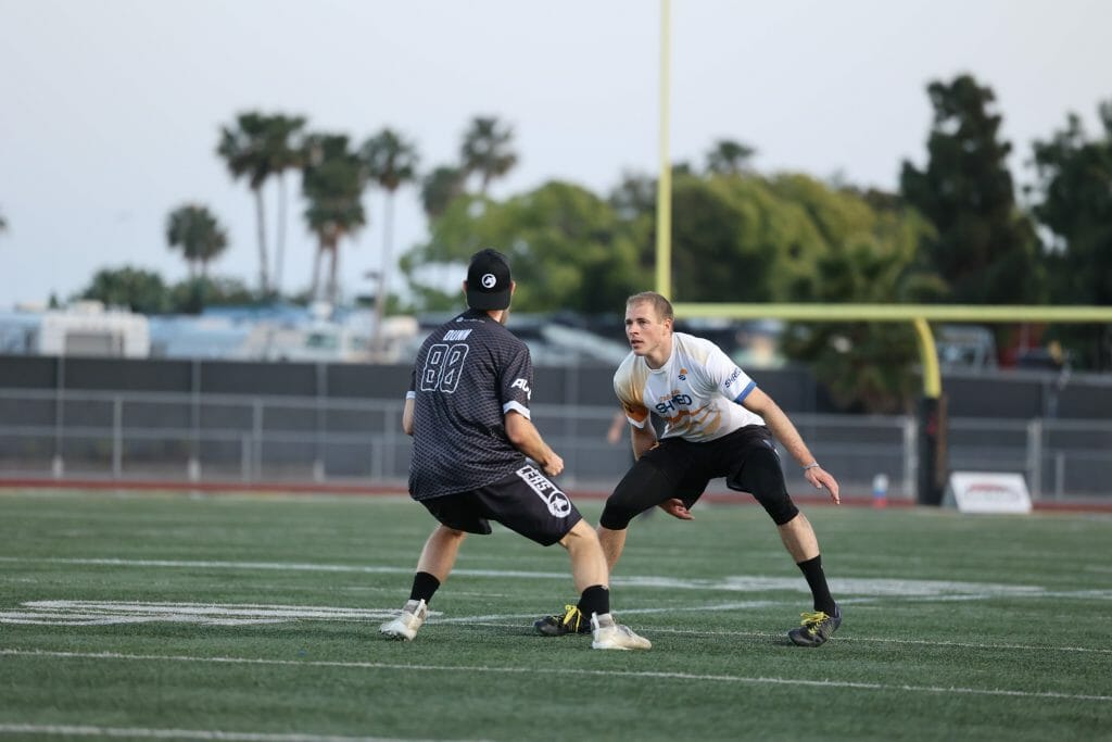 The Salt Lake Shred defense the San Diego Growlers' Travis Dunn during a week 1 regular season matchup in the AUDL.
