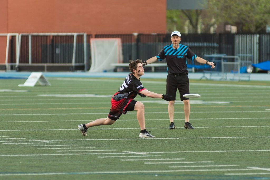 The Rush's Luc Comire makes a throw during their 2022 AUDL regular season home contest with the Outlaws. 
