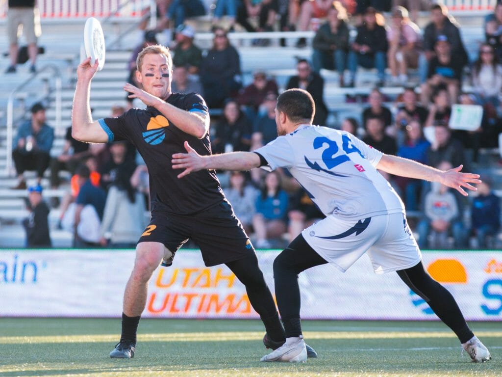 Salt Lake Shred's Garrett Martin against Seattle Cascades at home during the 2022 AUDL regular season.