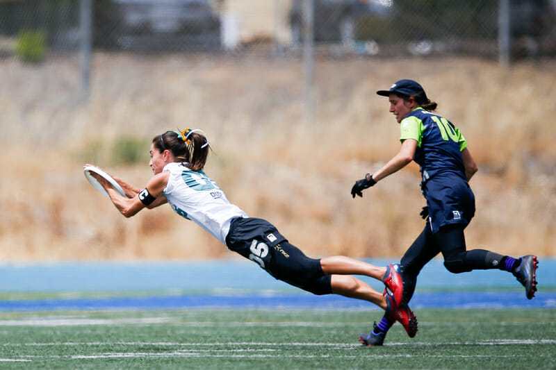 Super Bloom's Kaela Helton gets off her feet in the final game of the Western Ultimate League 2022 Championship Weekend.