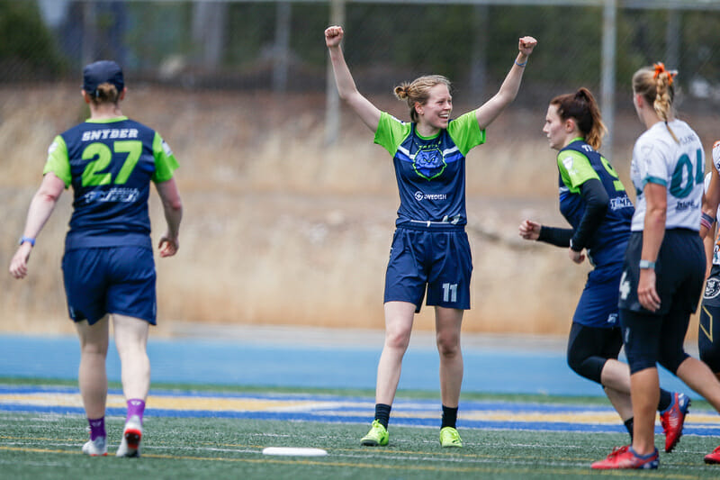 Tempest's Margo Urheim celebrates during Seattle's victory in the final game of the Western Ultimate League 2022 Championship Weekend.