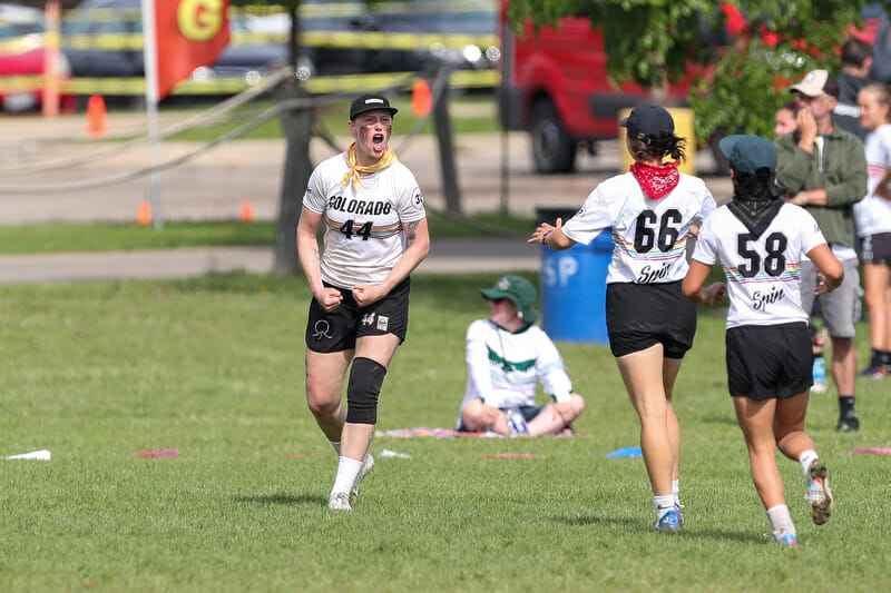 Colorado's Stacy Gaskill flexes at the 2022 D-I College Championships.