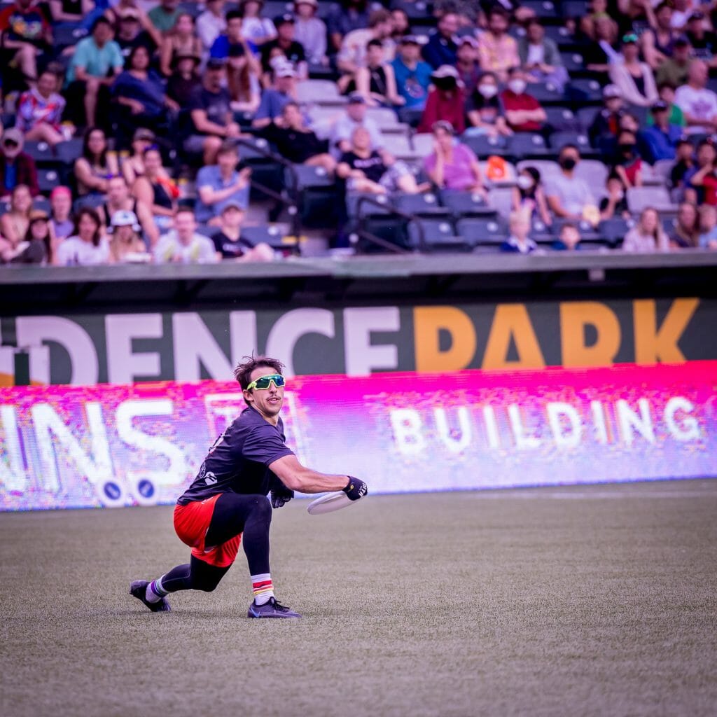 Portland Nitro's Leandro Marx steps into a backhand during the 2022 American Ultimate Disc (frisbee) League regular season. 