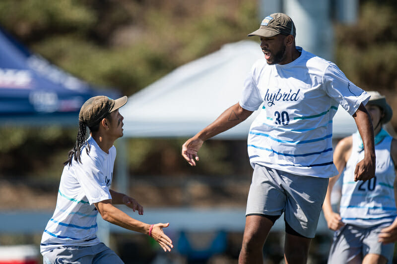 Hybrid's David Yu (left) and James Highsmith (right) celebrate during the 2021 USAU Club mixed final.