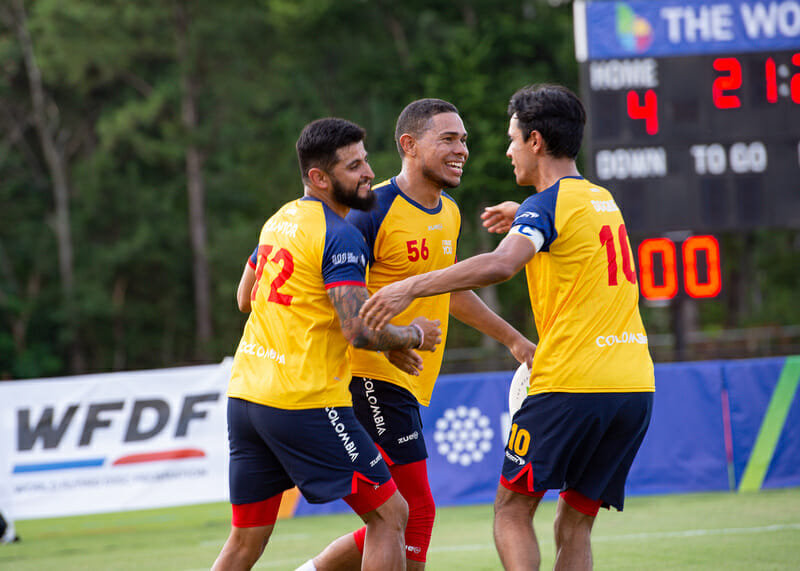 Colombia was all smiles today as their men played up to their women's usual excellence in a 13-7 win over Japan on day 1 of the 2022 World Games. Photo: Kevin Leclaire -- UltiPhotos.com