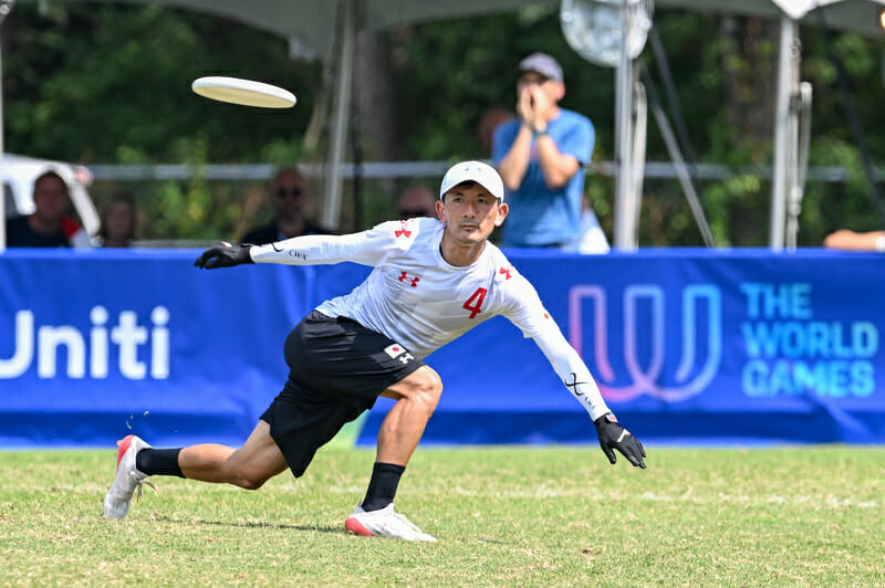 Taku Honna and Japan won their final game of pool play against France at the 2022 World Games. Photo: Kevin Leclaire -- UltiPhotos.com