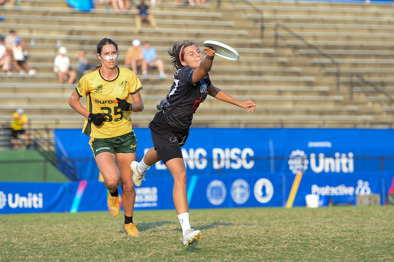 Germany's Anne Gerner extends for the grab in a semifinal against Australia at the 2022 World Games.